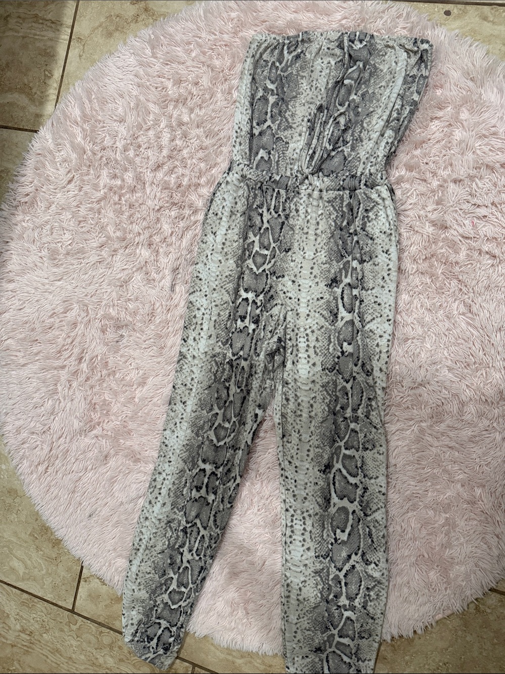 Snake Print Strapless Jumpsuit in Gray and White
